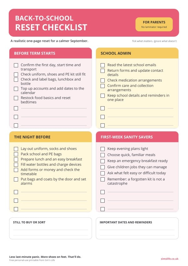 Back-to-School Reset Checklist for Parents with sections for school admin, uniform preparation, night-before jobs and first-week reminders