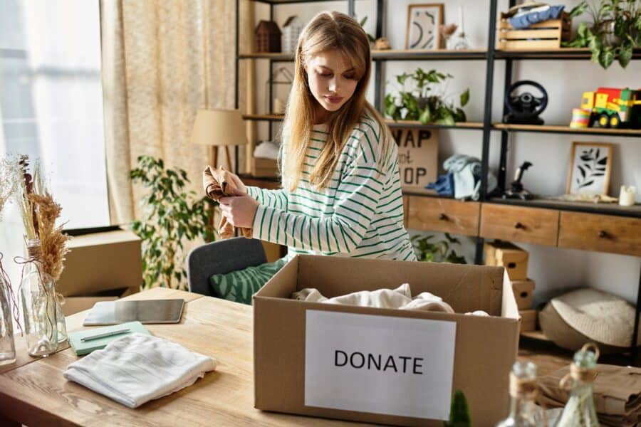 Woman decluttering her home by packing clothes into a donation box as part of a home refresh.