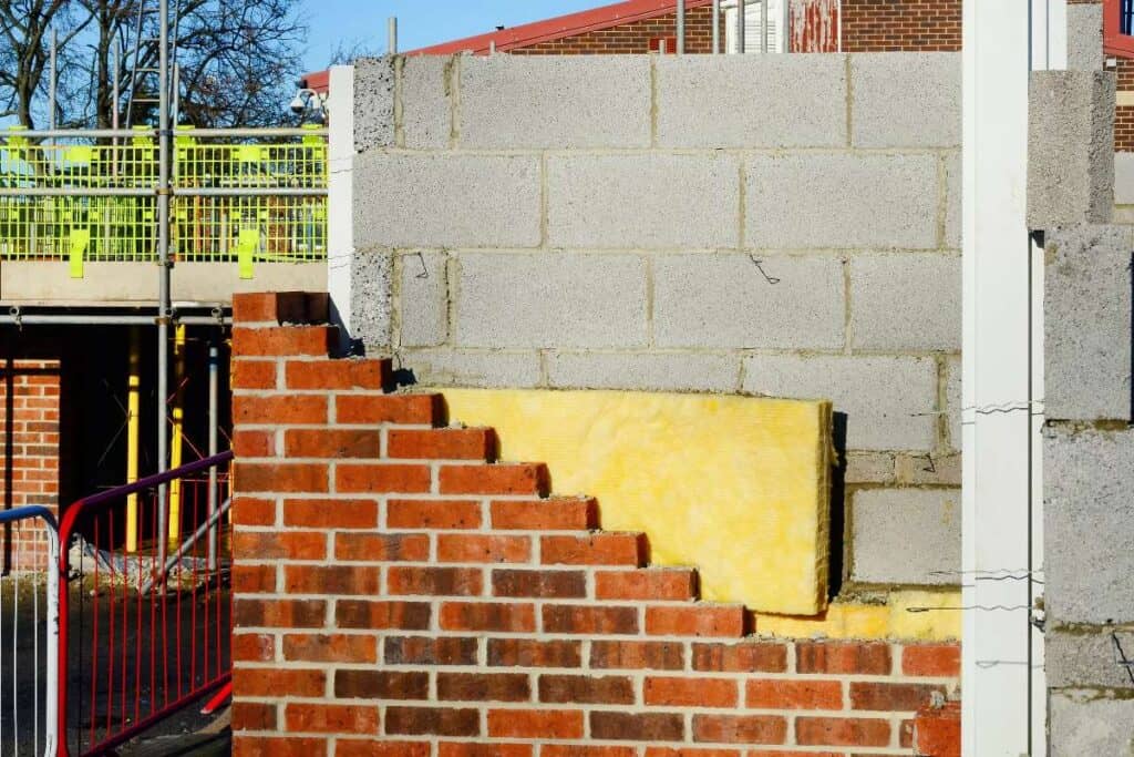 Cavity wall under construction with mineral wool layer to save energy with insulation.