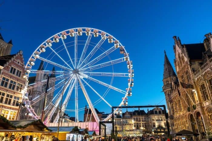 Christmas markets and wheel in Ghent Belgium.