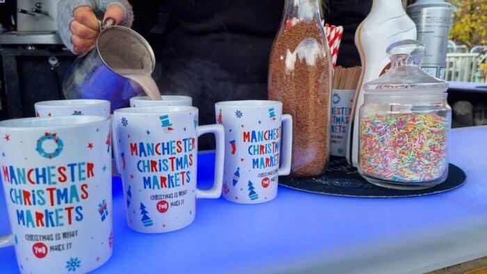 Hot chocolate mugs at Manchester Christmas Markets one of the best Christmas cities in Europe.