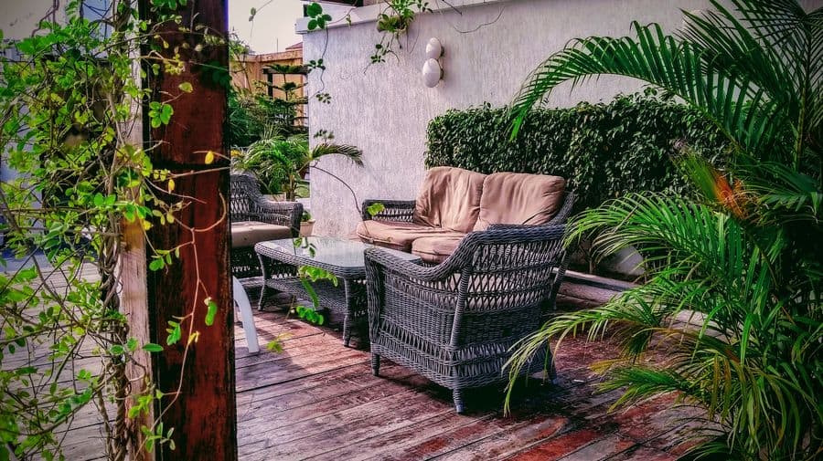 A comfy outdoor seating area to use in Autumn.