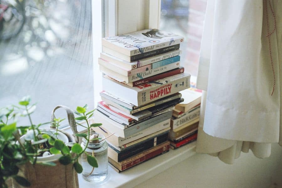 A stack of books on a window sill including Jack Reacher by Lee Child.