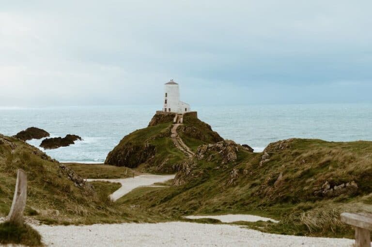 Twr mawr lighthouse on Ynys Llanddwy on Anglesey Wales in Autumn.