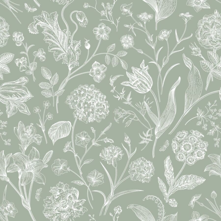 Sage green and white floral wallpaper design.