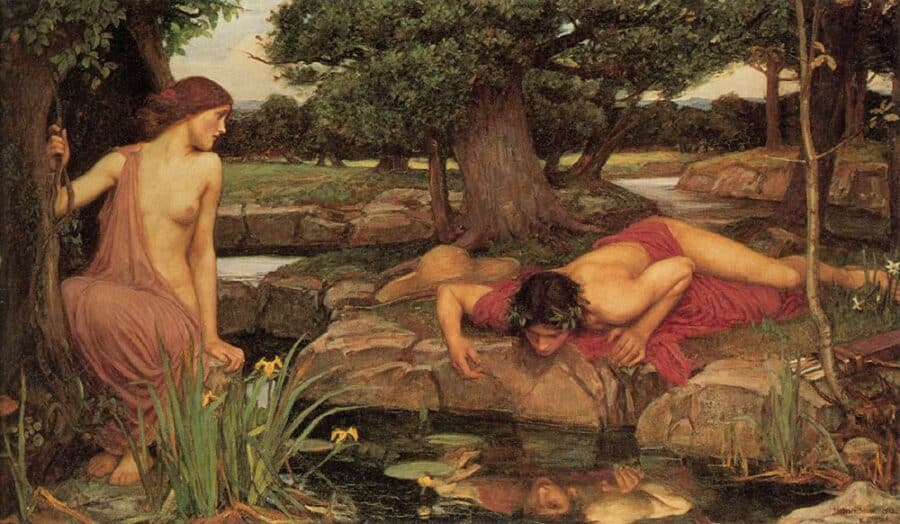 John William Waterhouse's painting 'Echo and Narcissus' depicts a mythical scene set in a lush, wooded landscape. To the left, Echo is seen partially draped in a thin, rosy fabric, looking longingly at Narcissus, who is oblivious to her gaze. Narcissus lies on the right, leaning over a small pool of water, captivated by his own reflection, with a crown of greenery around his head. The serene nature surrounding them is richly detailed with green trees and yellow wildflowers.