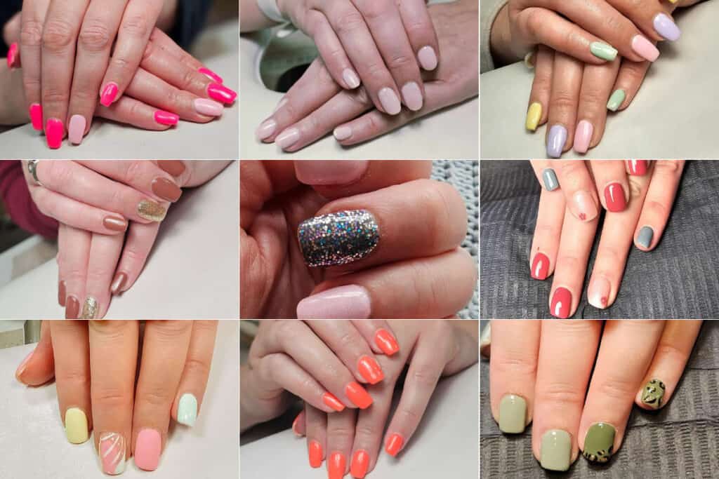 Gel nail ideas collage showing classy, simple and seasonal gel nail designs