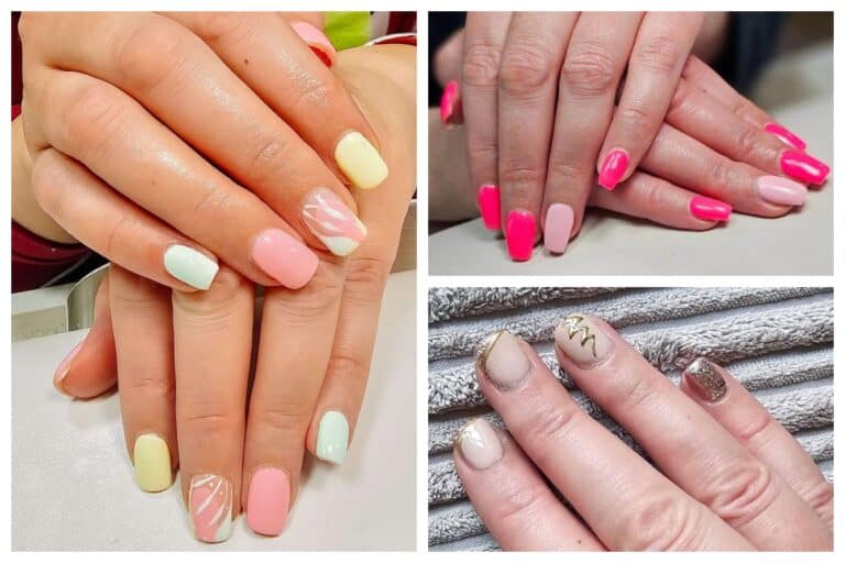 Gel nail designs in pastel spring shades, vibrant summer pink, and festive gold glitter for winter inspiration