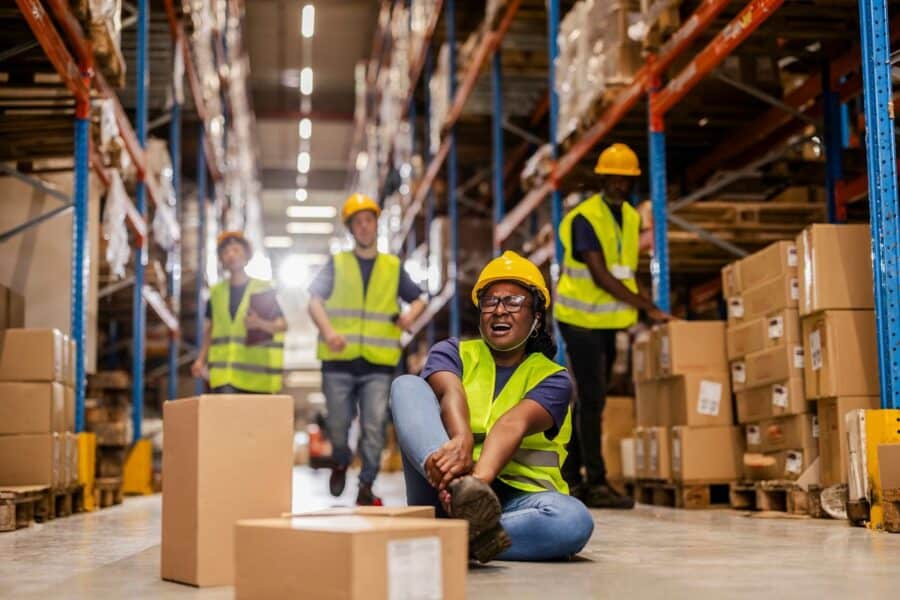 A warehouse worker sits on the floor in pain, holding her injured ankle after an apparent fall. Other workers in hard hats and safety vests rush to assist, with boxes scattered nearby in an aisle.