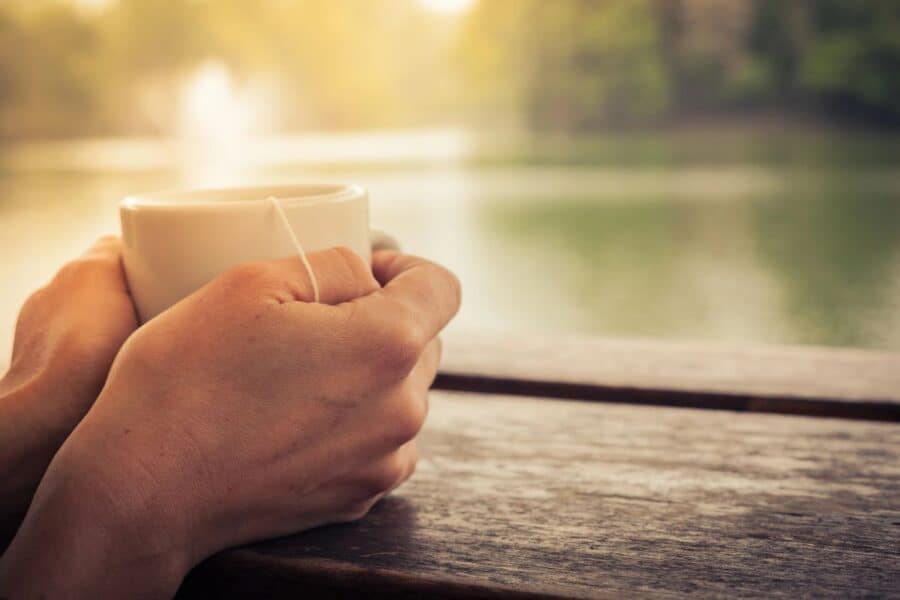 Close-up of hands holding a warm cup of tea, enjoying a peaceful moment by the lake as part of quick wellness breaks.