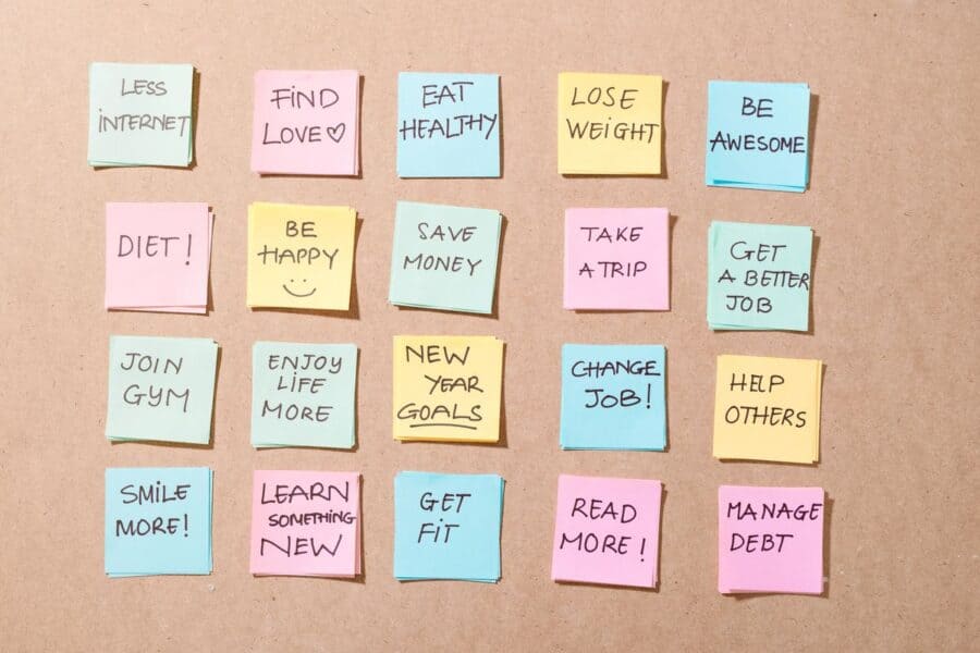 Sticky notes with goals and priorities, a visual representation of a Sunday evening routine for planning the week ahead.