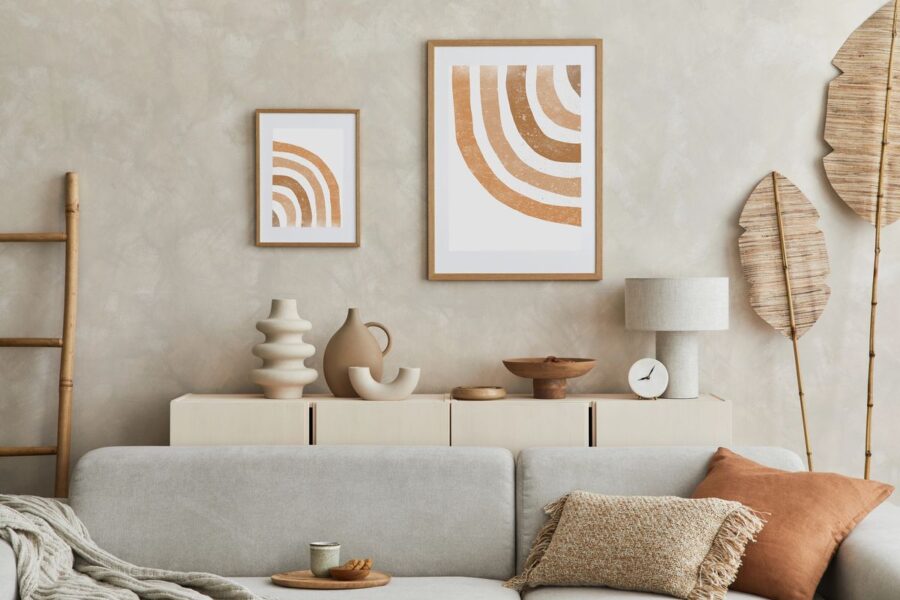 Neutral-toned living room featuring abstract canvas prints, a soft grey sofa with textured cushions, and decorative accents like vases and a natural wood ladder.