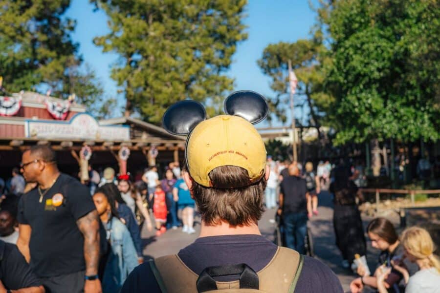 Back view of a Disneyland visitor wearing a Mickey Mouse ears cap and backpack, walking through a crowded park under the sunny sky.