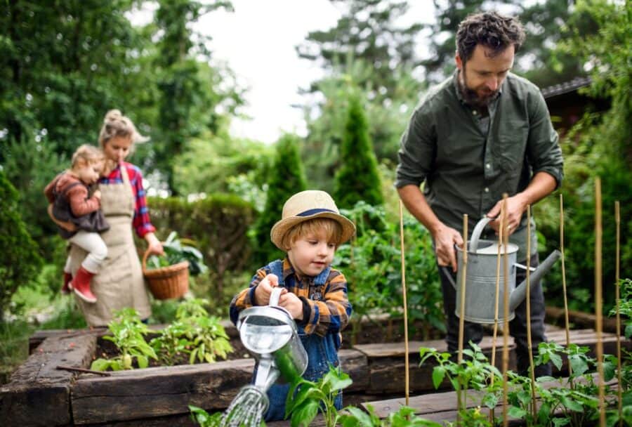 A young child watering plants in a garden alongside parents, promoting hands-on sustainable living and eco-friendly family activities.