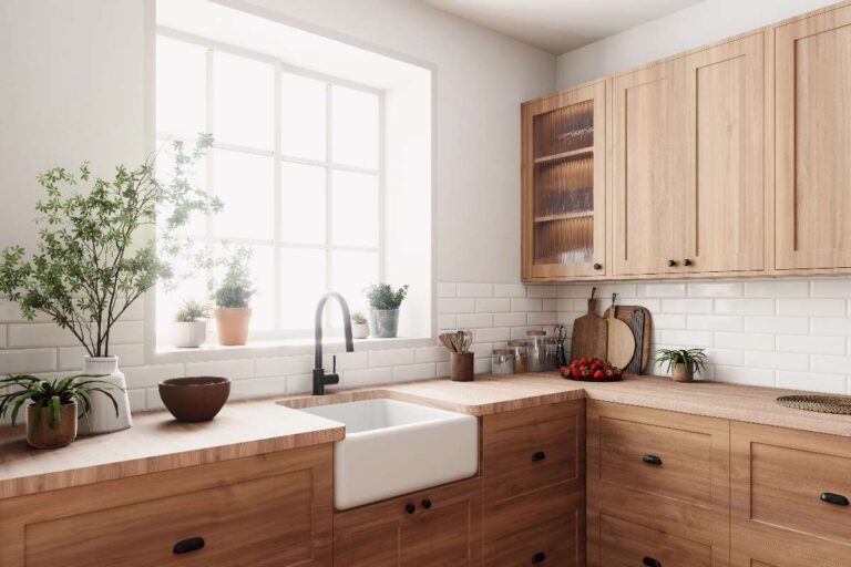 Bright kitchen with natural light, wood countertops, and potted plants to make your kitchen feel inviting.