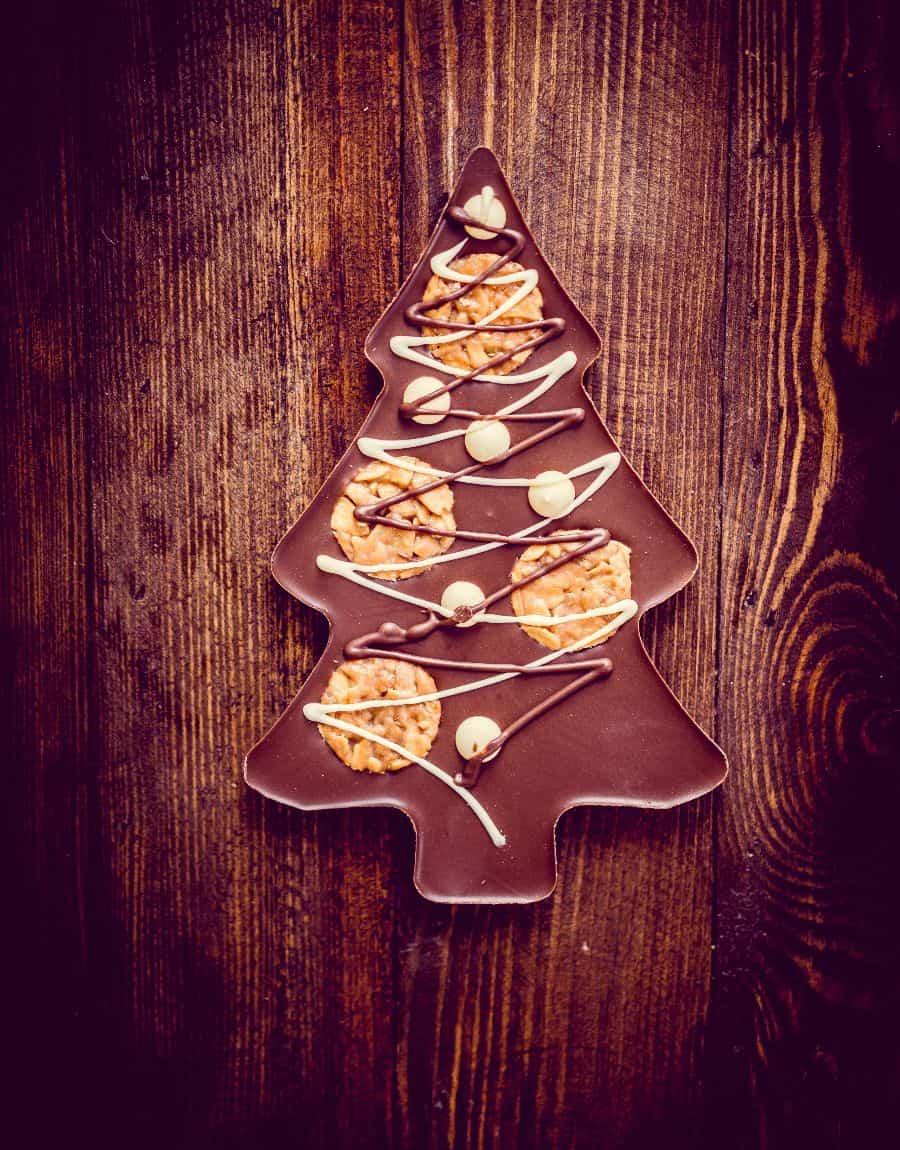 Artisan chocolate Christmas tree with drizzle and wafers