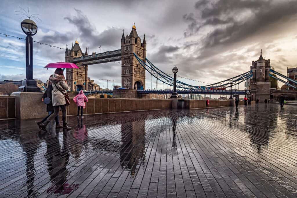 Rainy day at Tower Bridge London – how to dress for British weather year-round