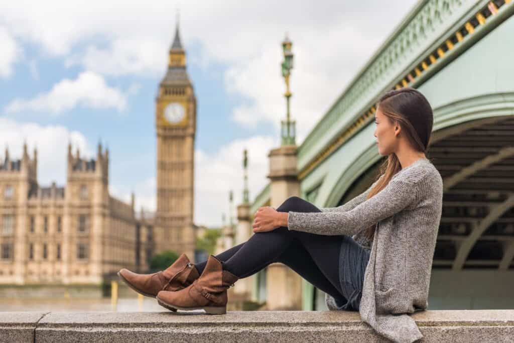 Woman in comfy walking boots by Big Ben – what shoes to wear for British weather