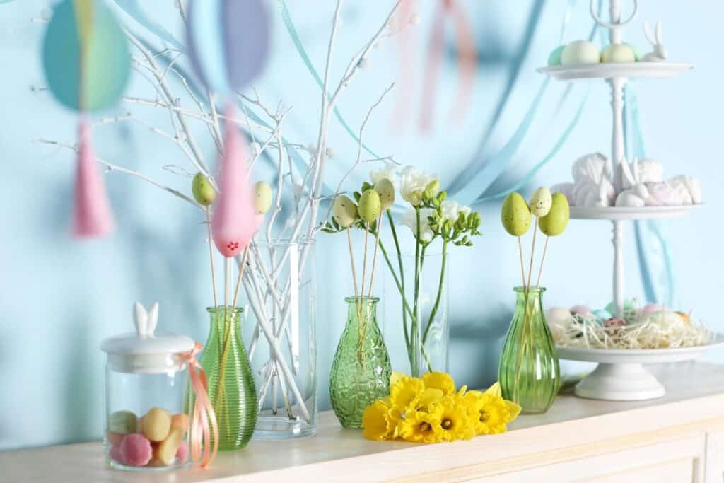 Spring mantel decor with pastel eggs, daffodils and flowers in glass vases