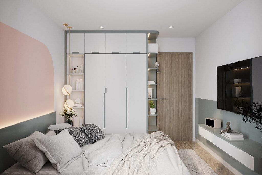 Modern bedroom with fitted wardrobes, built-in shelving and a space-saving layout