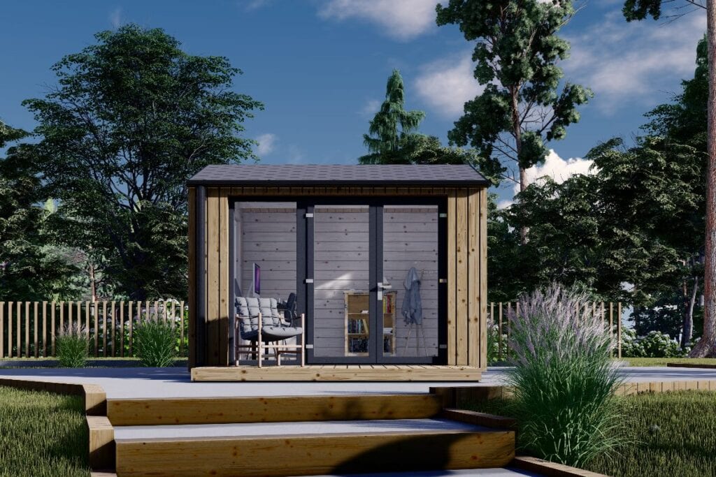 Contemporary timber garden office with glazed doors in a landscaped garden, showing a stylish work-from-home setup.