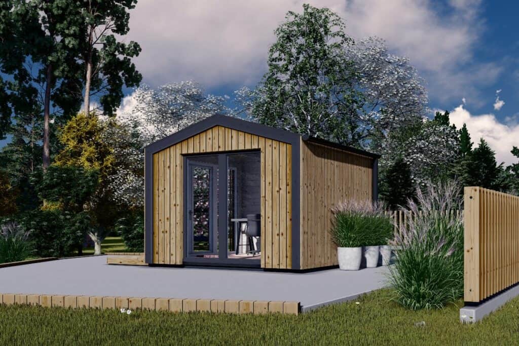 Modern timber garden office in a landscaped UK garden with large glass doors and contemporary exterior design.