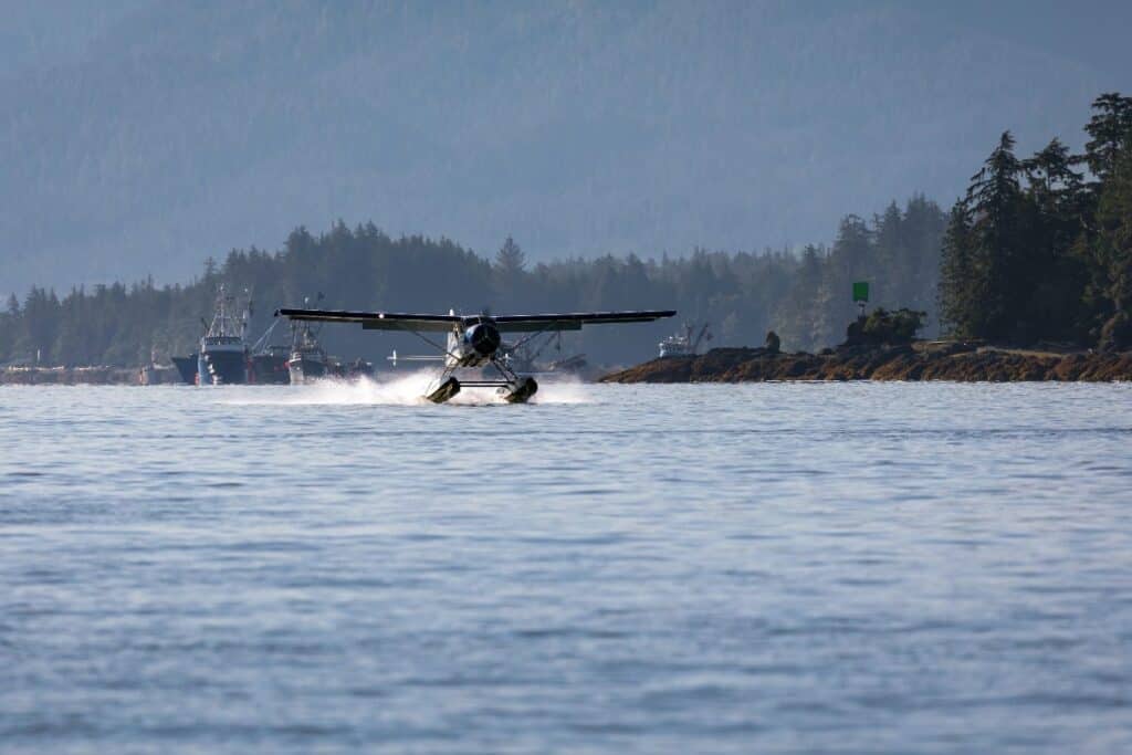 Seaplane landing on the water during a Ketchikan Alaska shore excursion.