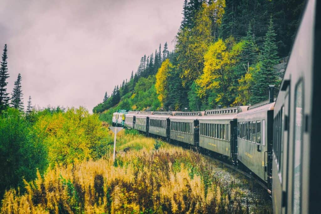 White Pass and Yukon Route Railroad train on a scenic Skagway shore excursion in Alaska.