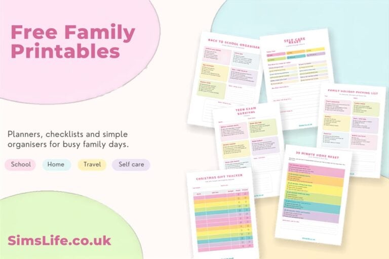 Free family printables from Sim’s Life with school, home, travel, Christmas and self care checklist previews on a pastel background.