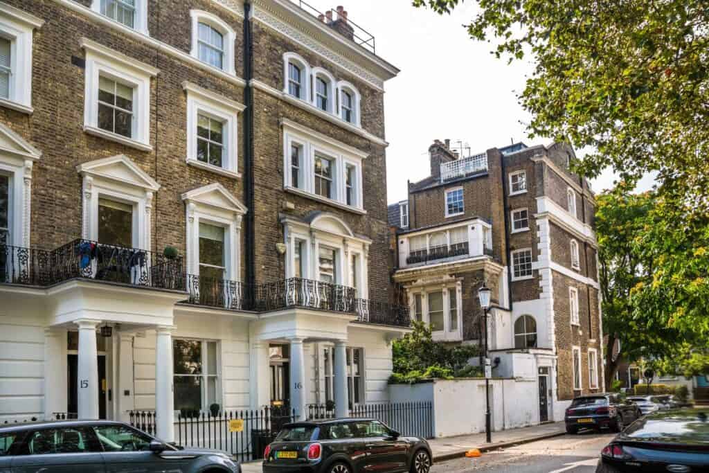 Traditional London townhouses on a quiet residential street for a guide to living in London and choosing the right neighbourhood