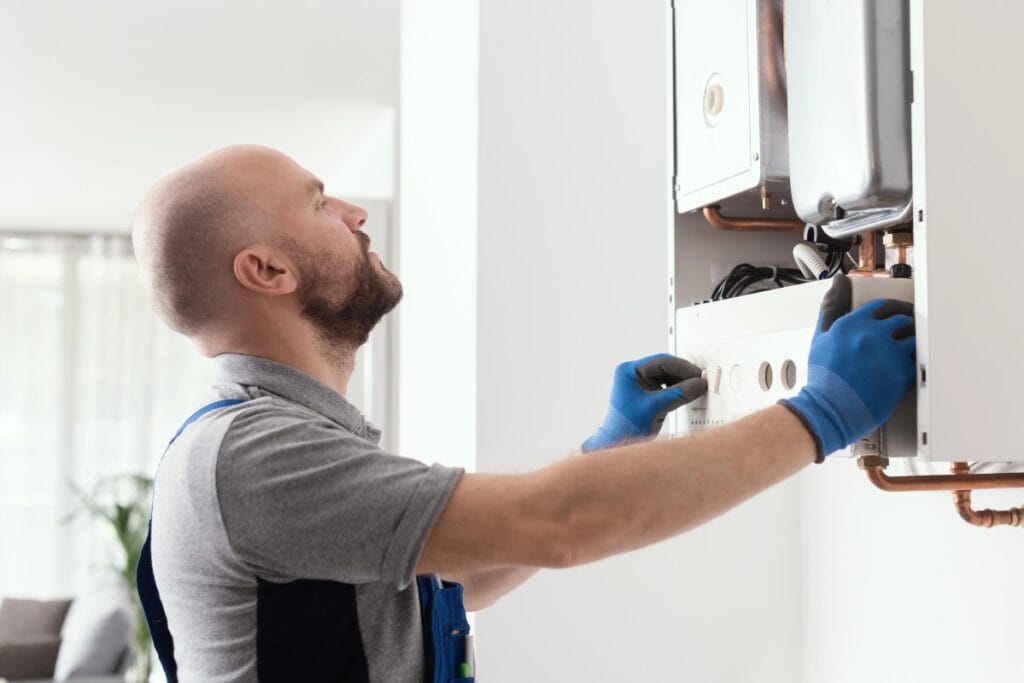 Heating engineer checking a boiler in a family home.