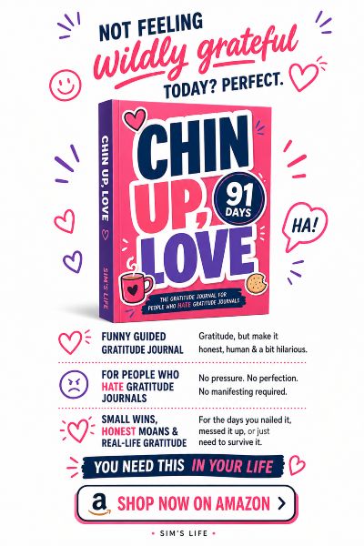 Promotional sidebar image for Chin Up, Love, a funny guided gratitude journal with a pink book cover, playful hearts, biscuit and brew illustrations, and a Shop Now on Amazon button.