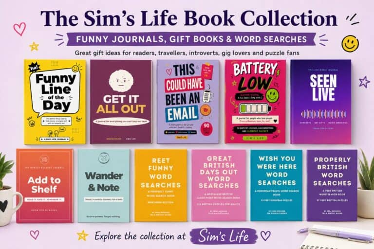 Sim’s Life book collection featuring funny journals, gift books and British word search books.
