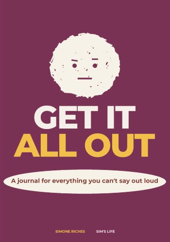 Purple Get It All Out vent journal cover with bold white and yellow lettering and an unimpressed face illustration.
