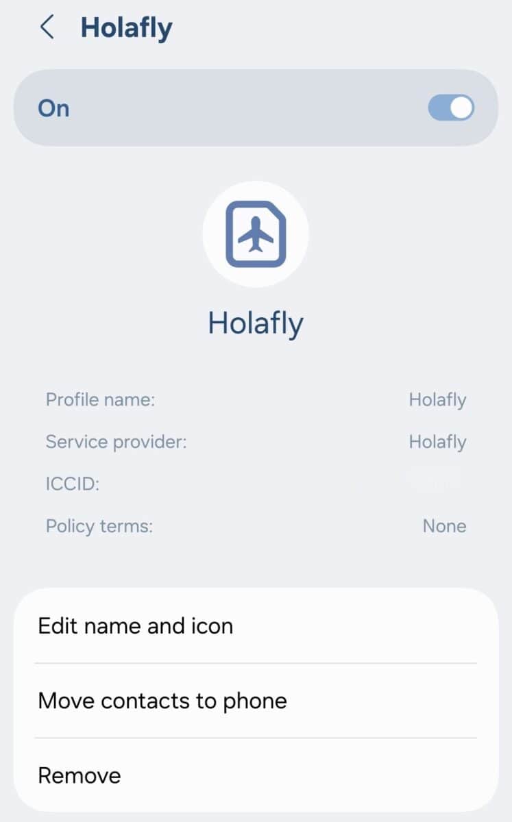 Samsung settings showing a Holafly eSIM switched on with an option to remove it