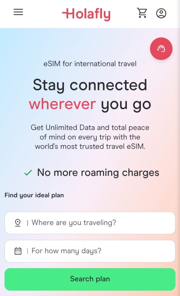Holafly mobile website for choosing an international travel eSIM plan.