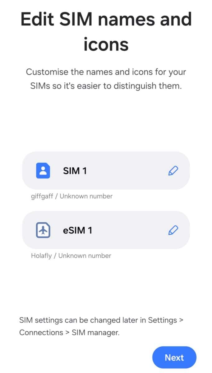 Samsung phone showing a giffgaff SIM and Holafly eSIM installed together.