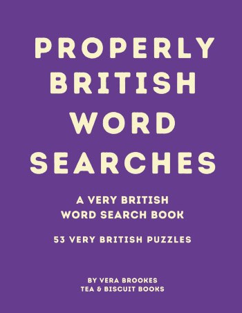 Purple Properly British Word Searches book cover with cream lettering for the British-themed puzzle book.
