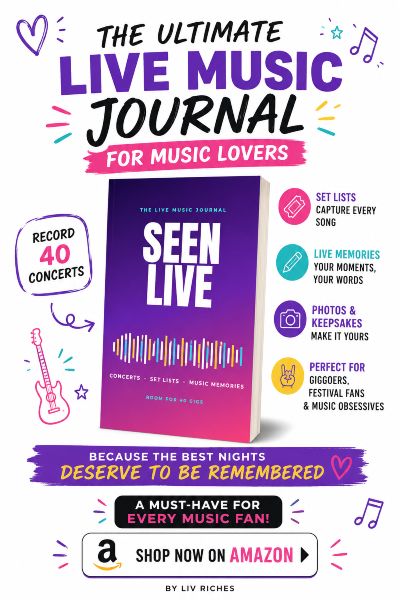 Promotional sidebar graphic for Seen Live, a live music journal for music lovers, showing the purple and pink paperback cover with concert, set list and music memory details, plus a Shop Now on Amazon button.