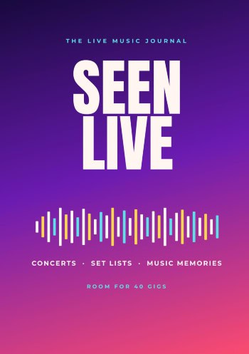 Purple and pink Seen Live gig journal cover with bold white lettering and a colourful soundwave graphic.