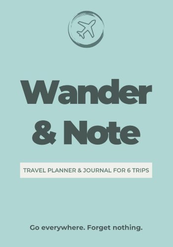 Duck egg blue Wander and Note travel planner and journal cover with an aeroplane icon and bold dark lettering.