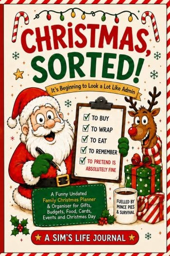 Christmas, Sorted! funny undated family Christmas planner cover with Santa, reindeer, festive checklist and Christmas gift illustrations.