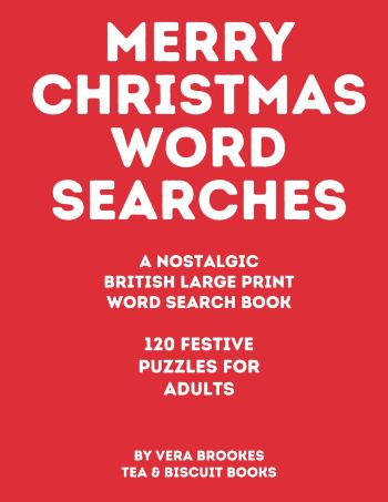 Red Merry Christmas Word Searches large-print puzzle book cover with cream lettering and 120 festive puzzles for adults.