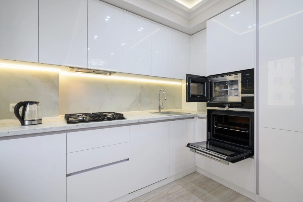 Modern fitted kitchen inside a new build show home